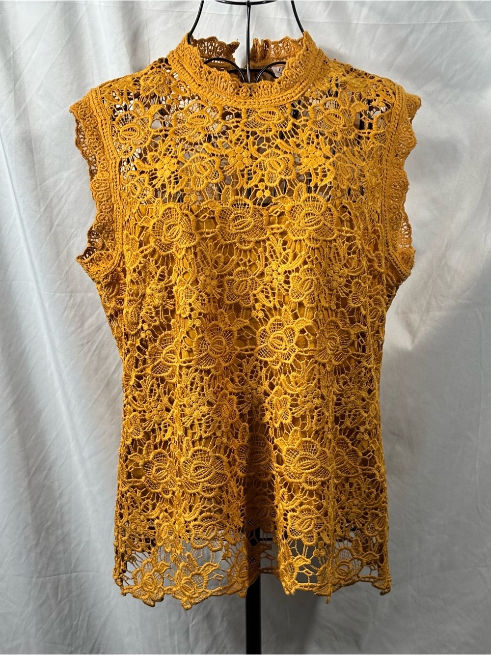 Nanette Lepore Mustard Yellow Floral Crochet High-Neck Tank